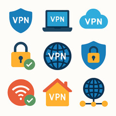 VPN virtual private network connection vector icons set for security and privacy