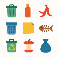 Waste management icons showing trash cans, bottle, peel, paper and other waste items