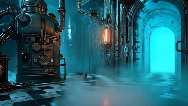 Steampunk industrial scene with large metallic machinery, tiled floor, and glowing cyan archway emanating steam
