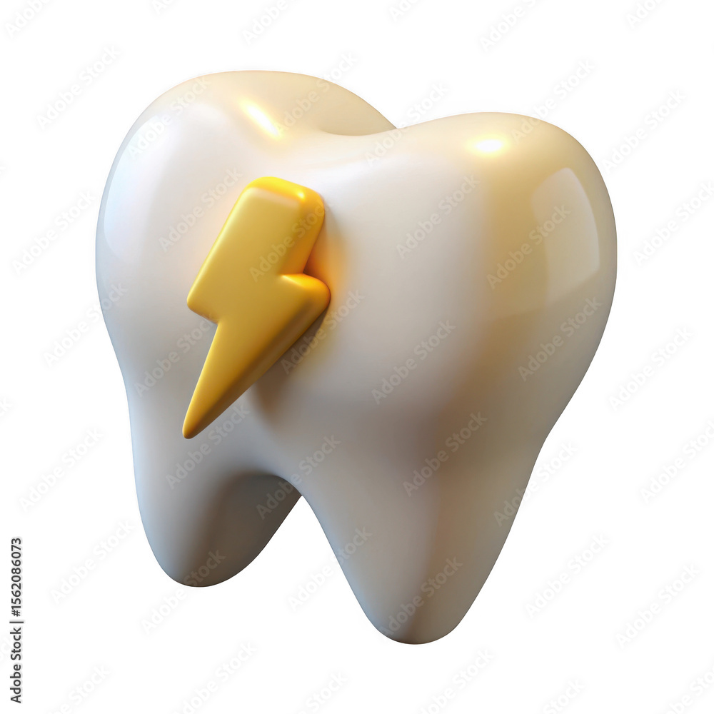 Poster 3d realistic tooth with golden lightning bolt isolated on transparent background