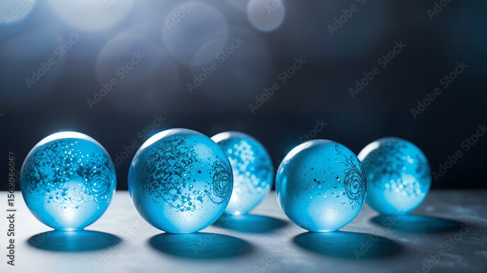 Poster five blue orbs with artistic patterns in a row