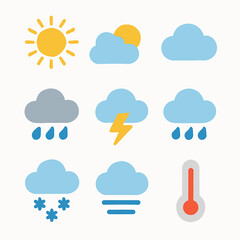 Weather forecast flat icons set showing sunshine, clouds, rain, snow, and temperature