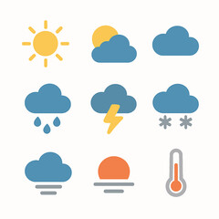 Weather forecast symbols vector illustration featuring sun, clouds, rain, snow, lightning, and temperature