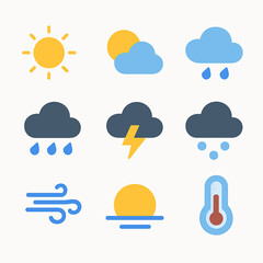 Weather forecast icons set featuring sun, clouds, rain, wind, lightning, and temperature