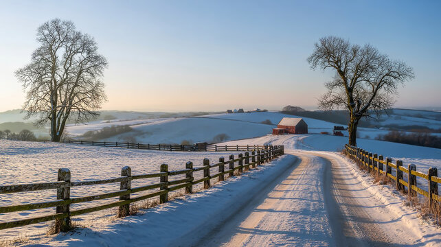 Snowy country road leads to red barn under a clear winter sky