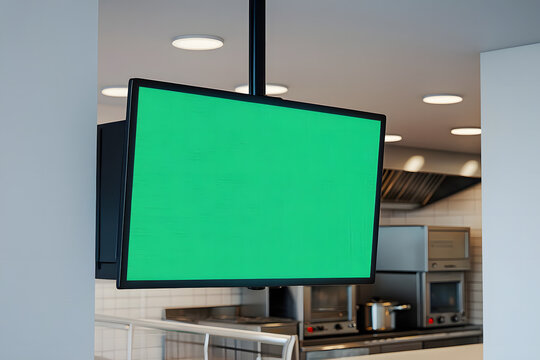 Blank Chroma Key Monitor in Restaurant or Commercial Kitchen