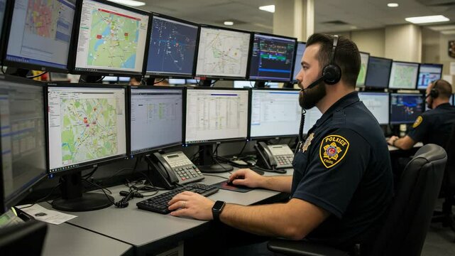 Police Dispatcher Operating Multiple Monitors in Control Room