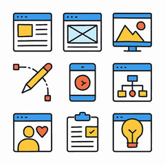 Website design elements featuring user interface and experience in a vector illustration