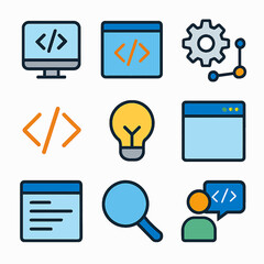 Web development icons featuring coding, gears, light bulb, and search tools