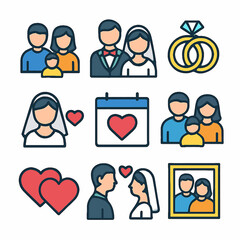 Wedding and family life illustrated with heart symbols and a calendar date icon