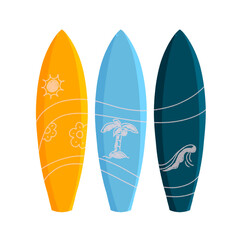 illustration of a surfboard collection with tropical summer elements, perfect for beach, ocean, and surfing-themed designs. Ideal for use in travel, vacation, and water sport concepts