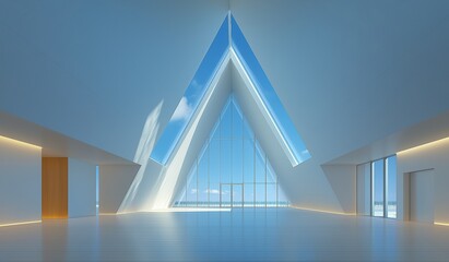 Modern minimalist interior with white triangular roof and expansive glass windows, bathed in natural sunlight to create a bright, open space enhanced by soft shadows and symmetrical wooden doors