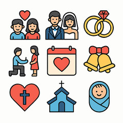 Wedding and family life vector icons depicting love, commitment, and new beginnings
