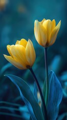 Fototapeta premium Close-up of two vibrant yellow tulips with striking blue leaves bathed in soft light against dark green foliage, creating a joyful and lively atmosphere with vivid colors