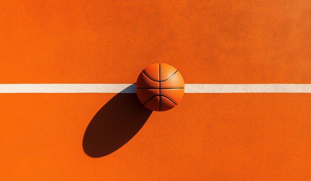 Aerial view of an orange basketball court with crisp white lines, featuring a textured brown leather basketball at the center, casting dramatic shadows that emphasize its form and the court's geometry - Powered by Adobe