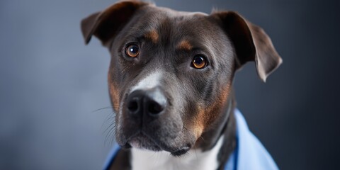 Close-up of a thoughtful pit bull terrier with brown eyes and blue blanket