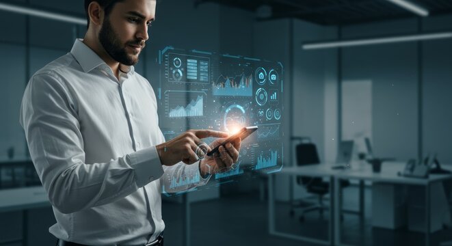 Businessman interacts with holographic data on a tablet in a modern office