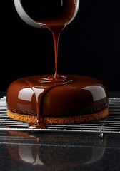 Pouring Glossy Chocolate Mirror Glaze on a Mousse Cake. AI Generated