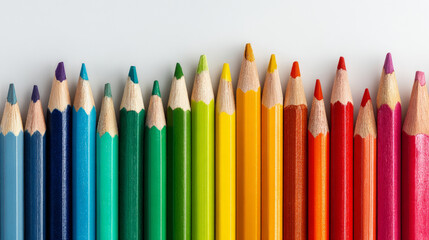 A layout of multicolored pencils arranged against a plain white backdrop