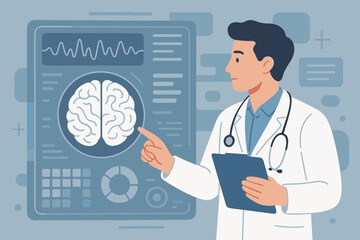 Doctor neurologist analyzing brain scan and EEG on digital screen. Medical diagnosis, neurology research concept. Healthcare professional studying brain activity. Neuroscience technology.