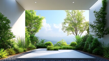 Modern patio overlooking a green garden.