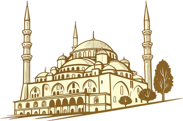 Naklejka premium Islamic Architecture Design Set Featuring Mosques Minarets Domes and Arches. Mosque Illustration Collection with Islamic Patterns and Religious Elements. Traditional Mosque Design with Crescent Moon 