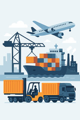 Logistics and transportation industry concept. Global freight shipping by sea, land, and air. Vector illustration of cargo ship, truck, plane, forklift, and container at the port.