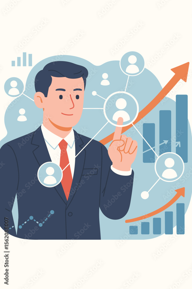 Poster businessman analyzing customer network for business growth. manager pointing at crm data on a digita