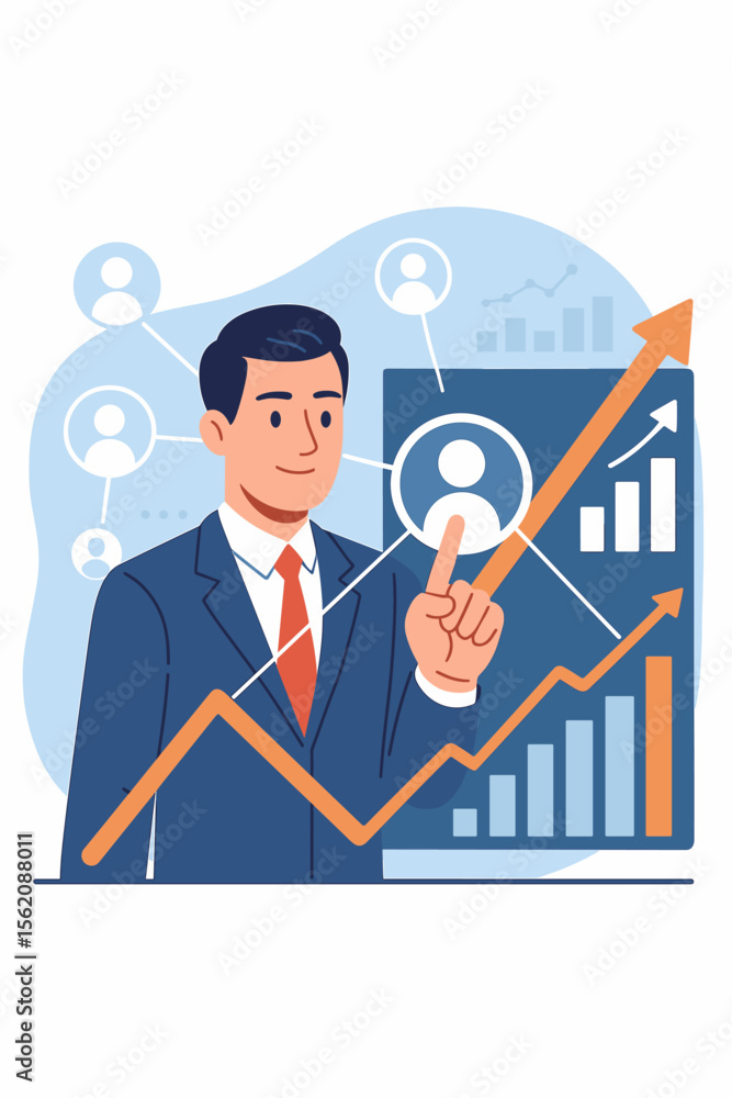Poster businessman analyzing customer network and financial data. manager pointing at growth graph showing 