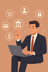 Businessman using laptop for online banking and financial services. Fintech technology vector concept with a network of icons for secure payment, e-commerce, and digital transactions.