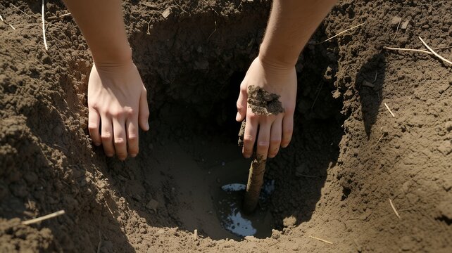 Hands preparing soil for planting in a dark pit