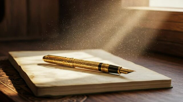 Vintage gold fountain pen on an old notebook in magical golden light representing storytelling and inspiration
