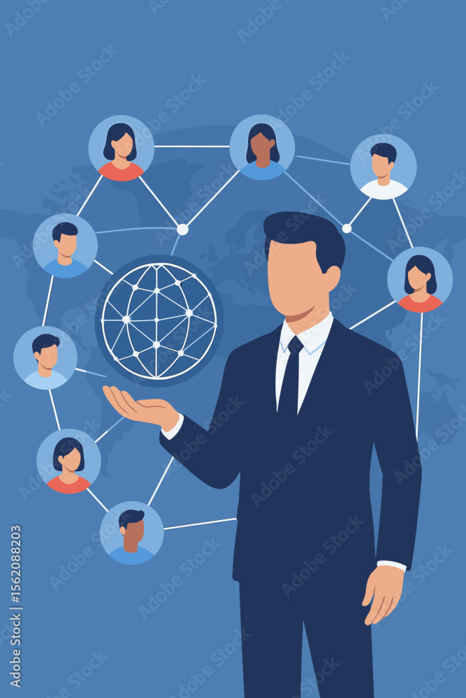 Poster crm customer relationship management concept. businessman presenting global customer network technol