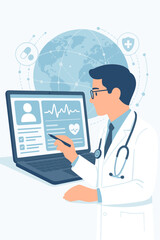 Doctor analyzing electronic medical record on laptop screen. Digital healthcare, telemedicine and global health network concept. Physician reviewing patient data and cardiogram online.