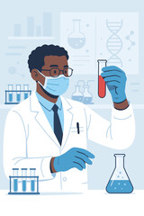 Black scientist in lab coat and mask conducting medical research. Male doctor or chemist analyzing a blood sample in a test tube. Concept for healthcare, biotechnology, and DNA analysis.