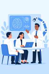 Medical team of doctors and neurologists analyzing brain scan on virtual screen. Concept of futuristic medicine, AI diagnosis, neuroscience research, and robotics technology in healthcare.