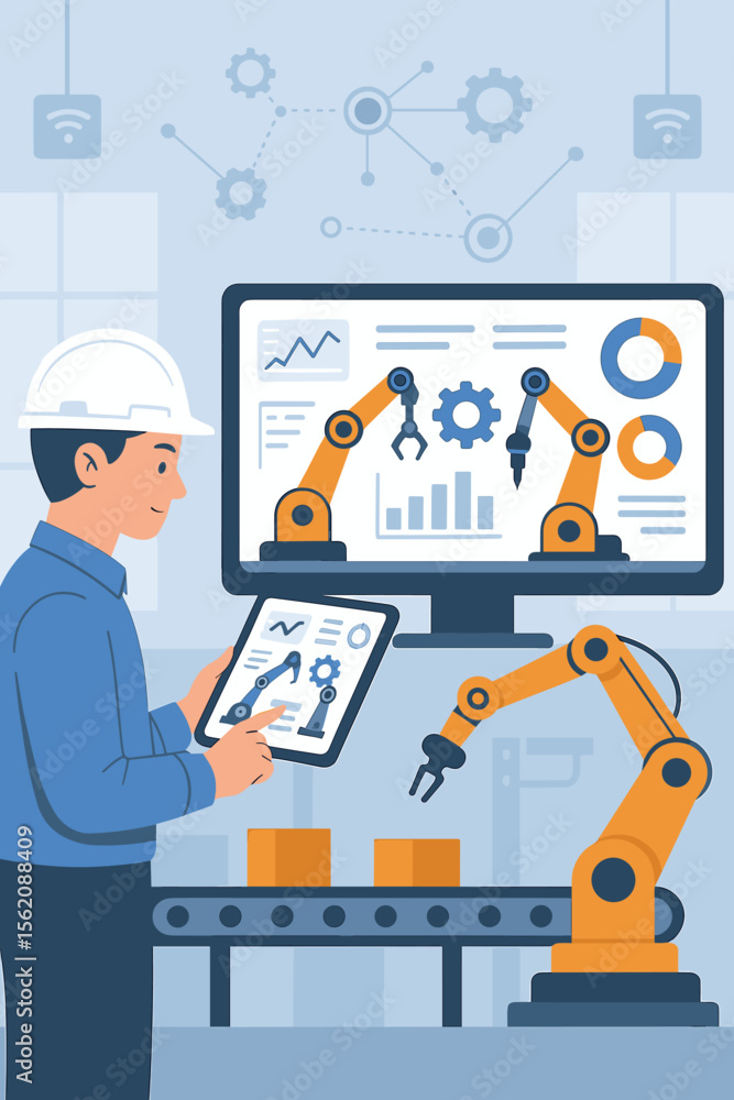 Poster industrial engineer using tablet to monitor and control robotic arms automation in smart factory. mo