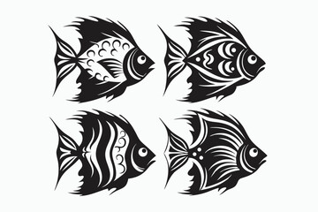 Four black fish show intricate tribal patterns on white background, perfect for tattoo
