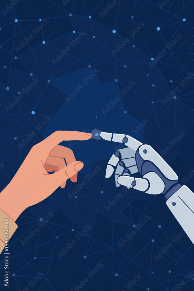 Poster human hand touching robot hand, symbolic connection artificial intelligence, machine learning, futur
