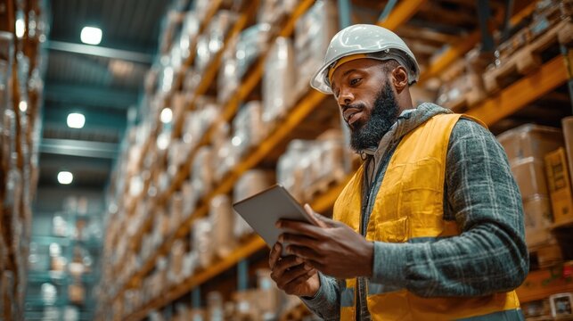 Warehouse worker using a tablet to manage inventory in a busy storage facility