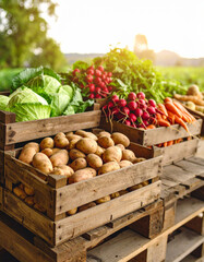 Freshly Harvested Organic Vegetables in Rustic Wooden Crates at an Outdoor Farm Market.