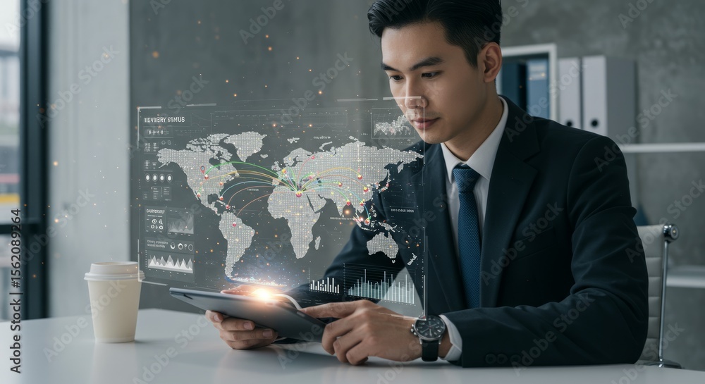 Poster businessman using tablet with global data overlay