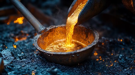 Molten metal pouring into a crucible.