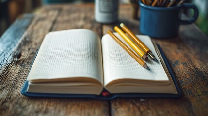 Notebook and pencils on rustic wooden table.