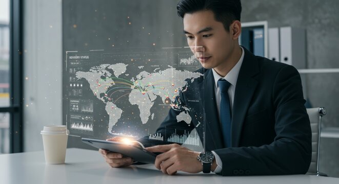Businessman using tablet with global data overlay