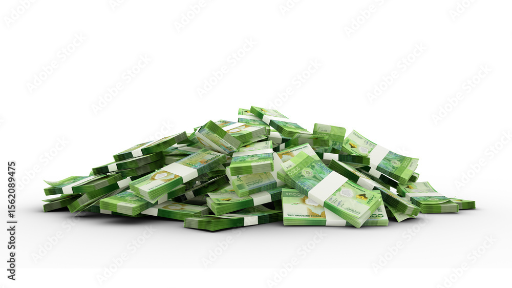 Poster 3d rendering of stacks of 2000 algerian dinar notes. bundles of algeria currency notes isolated on t