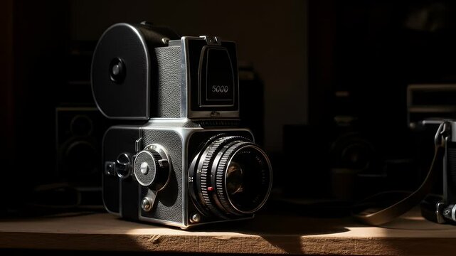 Vintage large format camera on wooden surface