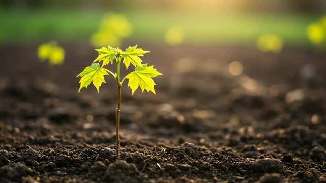 Hopeful young maple sapling growing representing new life and beginnings against a field at sunrise