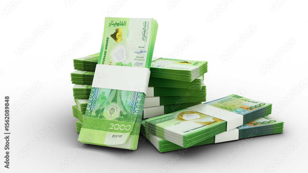 Poster 3d rendering of stack of 2000 algerian dinar notes. few bundles of algerian currency isolated on tra