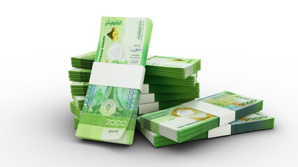 3d rendering of Stack of 2000 Algerian dinar notes. Few bundles of Algerian currency isolated on transparent background	